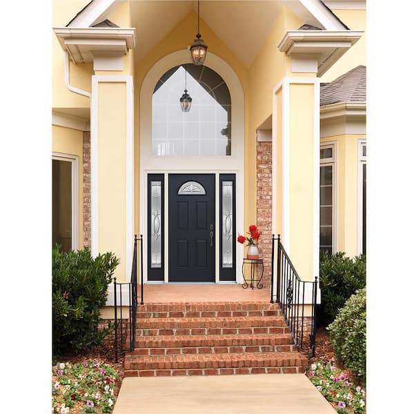 36 in. x 80 in. Left Hand/Inswing Fan Lite Blakely Decorative Glass Black Steel Prehung Front Door with Sidelites