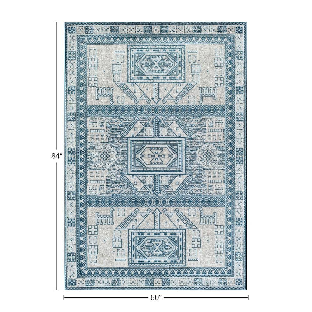 Azure Elegance 5' x 7' Reversible Blue Synthetic Area Rug
