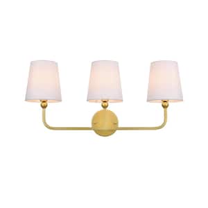 Simply Living 26 in. 3-Light Modern Brass Vanity Light with White drum Shade