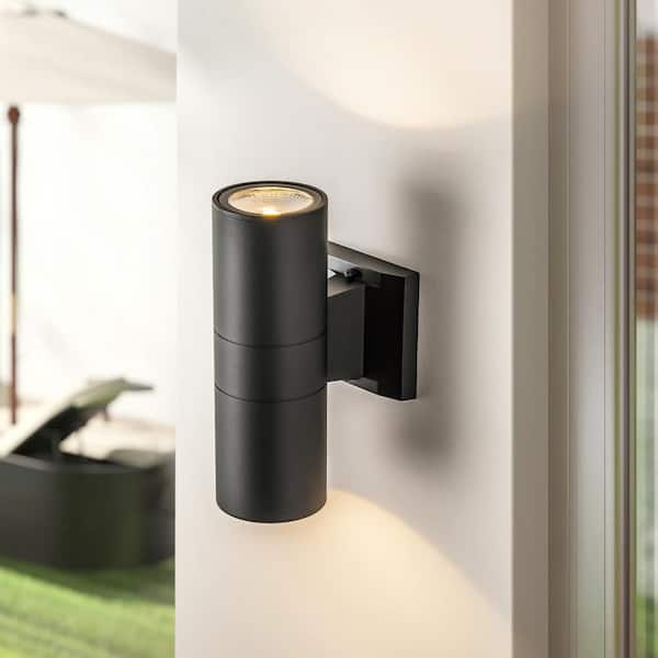 Rennnsan Jamie Black Outdoor Hardwired Cylinder Integrated LED Wall Light Lantern Scone with Up Down Lights