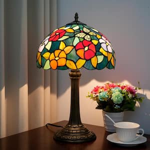 19 in. Multi-Colored Tiffany Style Bronze Finish Table Lamp with Floral Stained Glass Lamp Shade