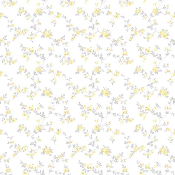 Delicate Floral Trail Yellow/Grey on White Matte Finish Non-Woven