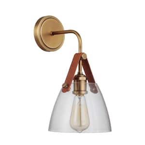 Hagen 6 in. 1-Light Vintage Brass Finish Wall Sconce with Crystal Clear Glass Suspended from Genuine Leather Strap