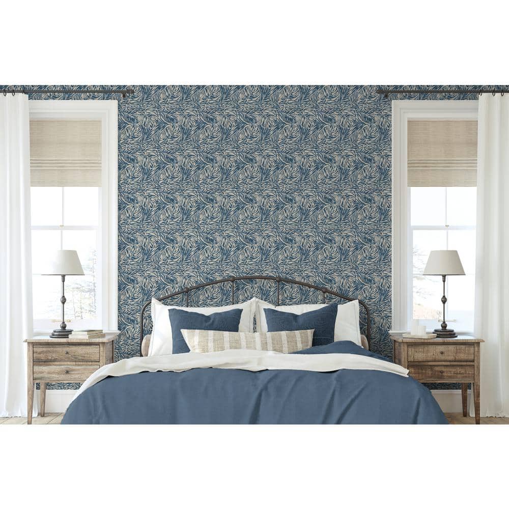Indigo Blue Tropical Zebra Leaf Peel and Stick Wallpaper Roll