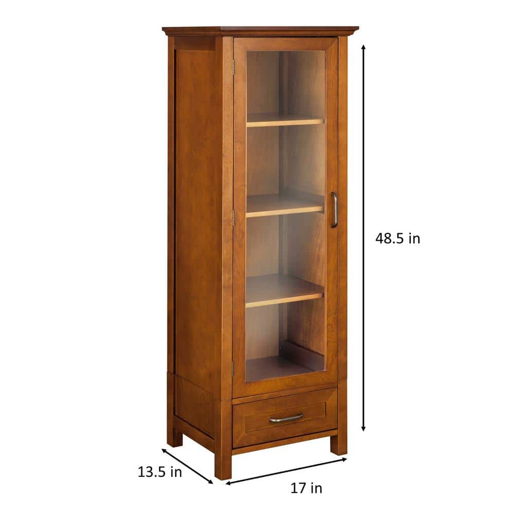 Elegant Avery Oak Linen Tower with Glass Paneled Door and Antique Brass Knobs