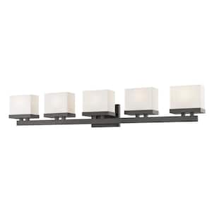 Rivulet 40 in. 5-Light Bronze Integrated LED Shaded Vanity Light with Matte Opal Glass Shade
