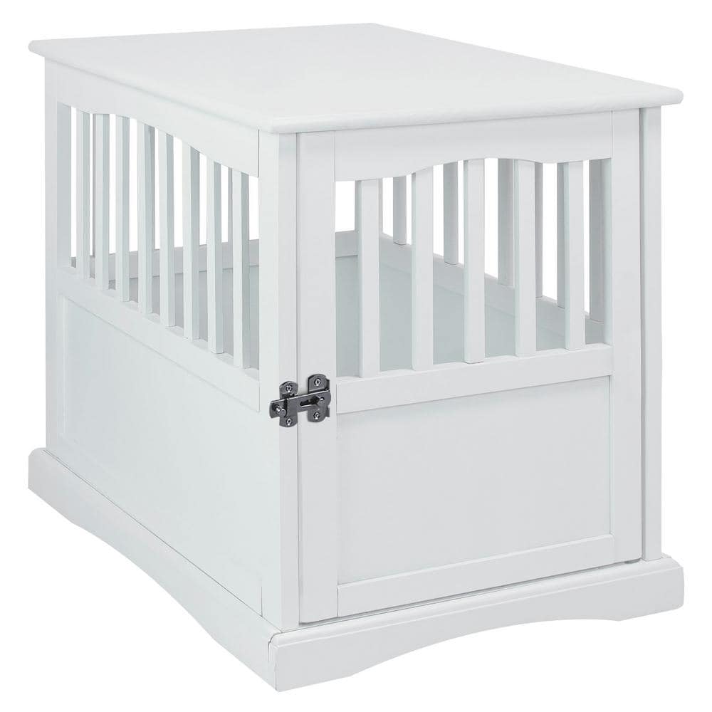 White Solid Wood Pet Crate End Table with Lockable Gate