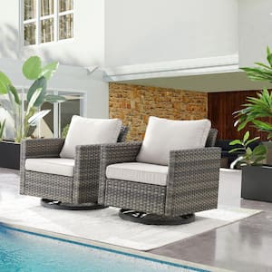 U-Weave Metal and Gray Wicker Outdoor Rocking Chair Patio Swivel Chairs with Olefin Beige Cushions (2-Pack)