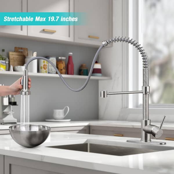 Single Handle Pull Down Sprayer Kitchen Faucet with Spring Spout in Brushed Nickel