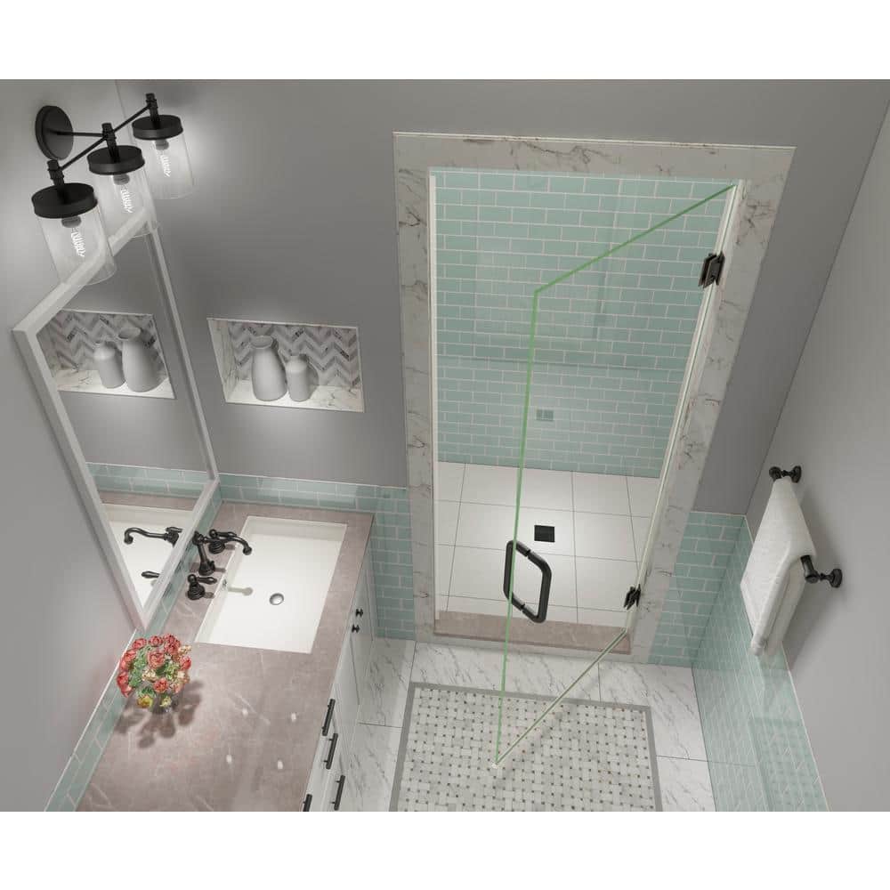 Kinkade XL Frameless Shower Door with Clear Glass and Oil Rubbed Bronze Finish