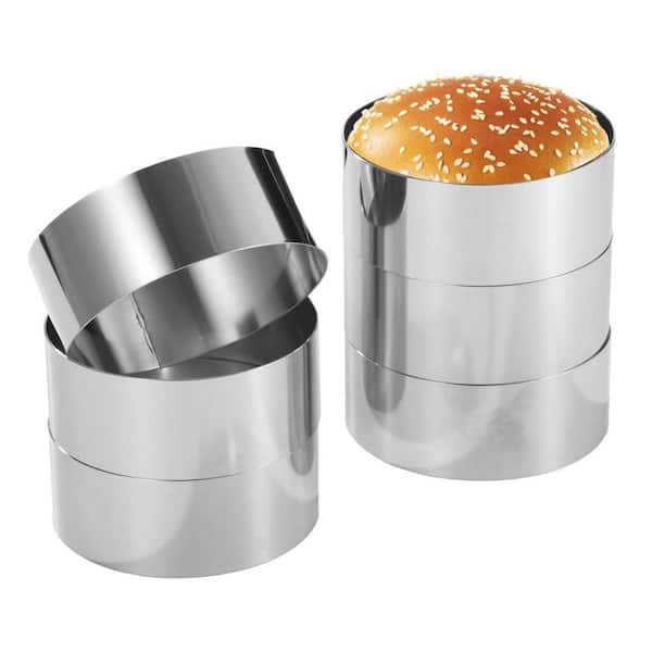 6 Pack Stainless Steel Non-Stick Round Hamburger Bun Baking Rings Silver Finish with Easy Release for Muffins Eggs