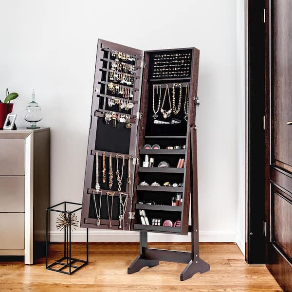 Standing Large Mirror Jewelry Armoire Cabinet Storage Shelves Stand Full Lock 