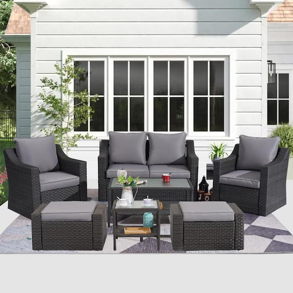 SUNVIVI 7-Piece Wicker Patio Conversation Set with Gray Cushions