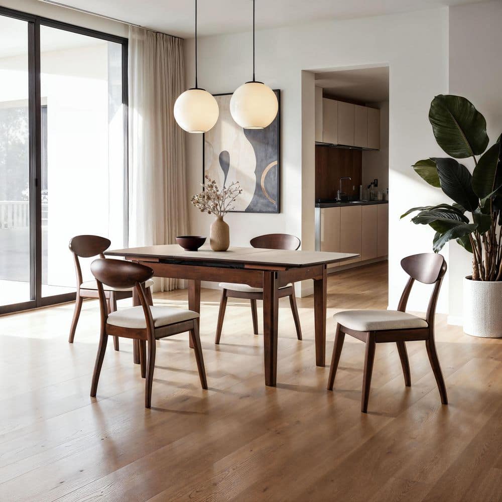 Sherlyn 5-Piece Mid Century Rectangle Rich Walnut Wood Top Dining Room Set (Seats 4) With Self Storing Leaf