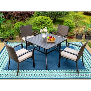 Black 5-Piece Metal Slat Square Table Patio Outdoor Dining Set with Rattan Chairs with Beige Cushion