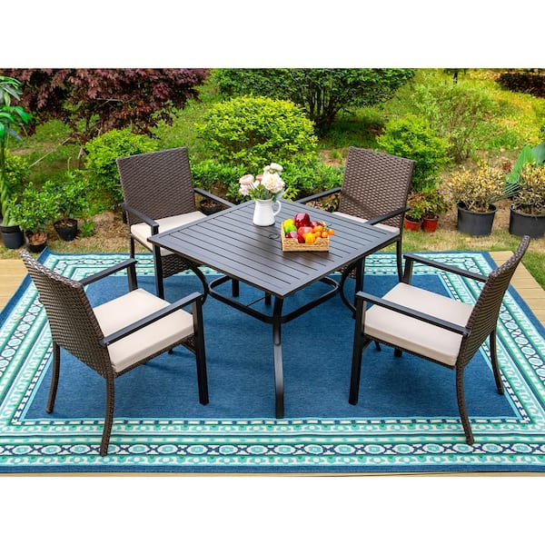 PHI VILLA Black 5-Piece Metal Slat Square Table Patio Outdoor Dining Set with Rattan Chairs with Beige Cushion