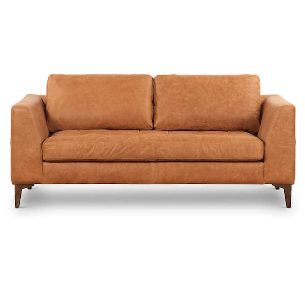 Calle 75 in. Square Arm Leather Apartment Straight Sofa in Brown Cognac Tan and Walnut Legs
