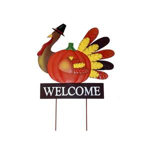 20 in. Thanksgiving Metal Turkey Pumpkin On Stake With Pilgrim Hat