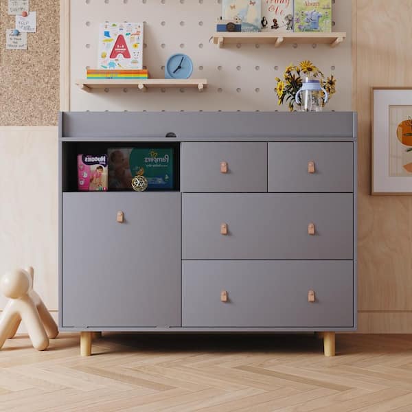 FUFU&GAGA Gray 5-Drawer 32.3 in. Wide Kids Dresser with Diaper Changing Table, Storage Cabinet for Baby Safety, Drawers and Shelf