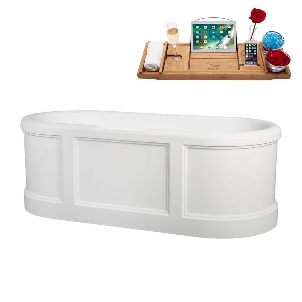 67" Matte White Acrylic Freestanding Soaking Tub with Polished Brass Trim