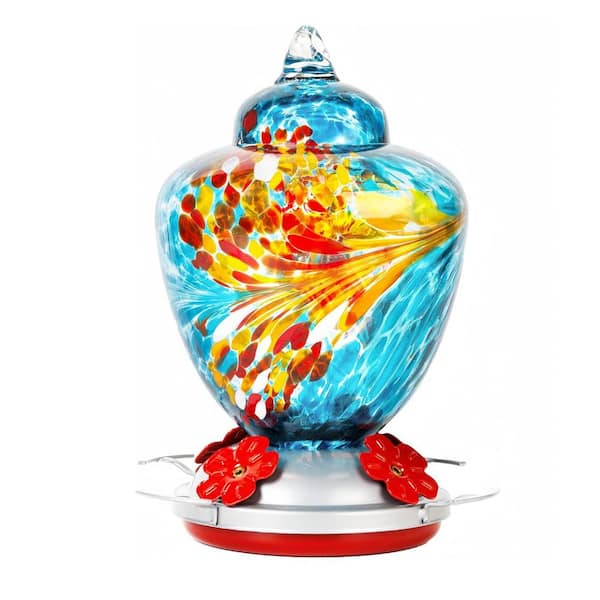 Justincity Hummingbird Feeder with Perch Hand Blown Glass Include Hanging Wires and Moat Hook