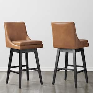 Fiona 30.7 in. Cognac Brown Solid Wood Frame Swivel Counter Height Bar Stool with Faux Leather Seat and Back (Set of 2)
