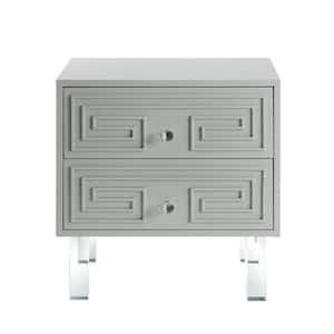 Isobel Greek Key Light Grey End Table Lacquered Lucite Leg Nightstand