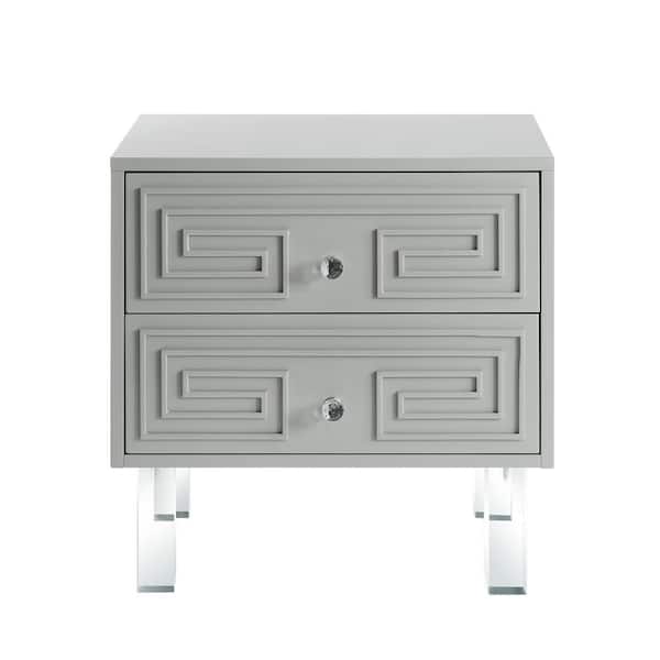 Inspired Home Isobel Greek Key Light Grey End Table Lacquered Lucite Leg Nightstand