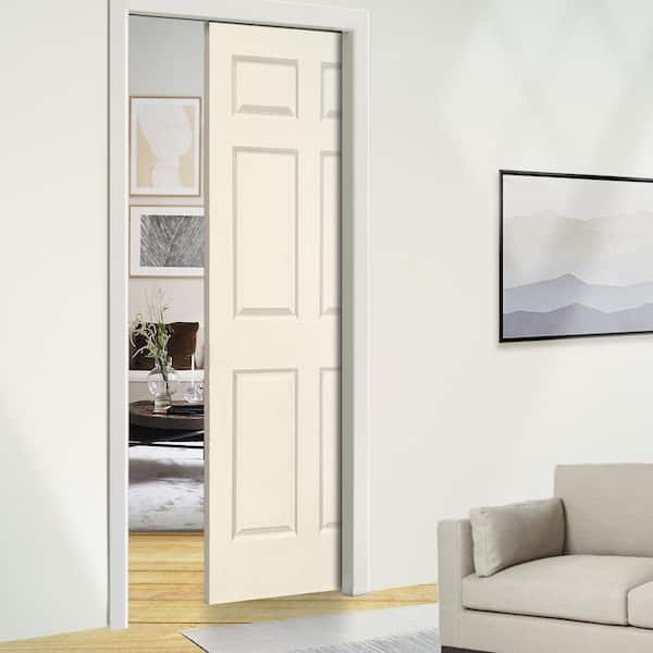 Beige 30 in. x 80 in. Painted Composite MDF 6PANEL Interior Sliding Door with Pocket Door Frame and Hardware Kit