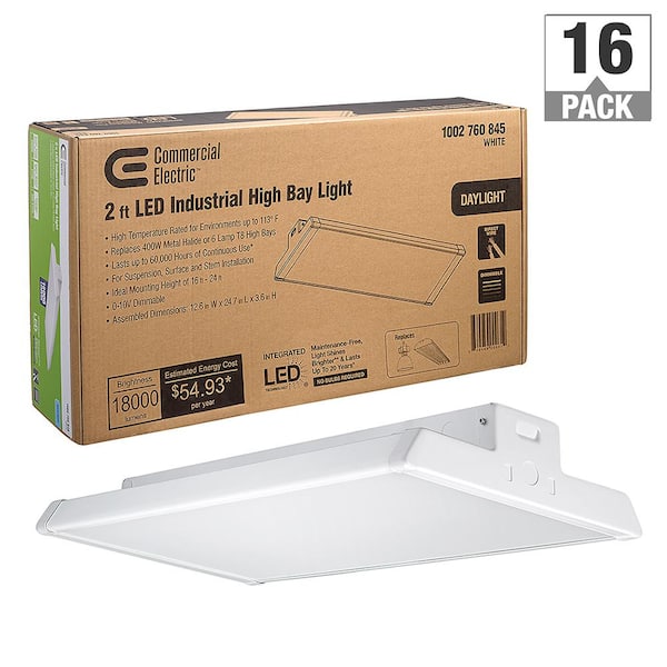 Commercial Electric 2 ft. 400-Watt Equivalent 18,000 Lumens Integrated LED Dimmable White High Bay Light 120-277V 5000K (16-Pack)