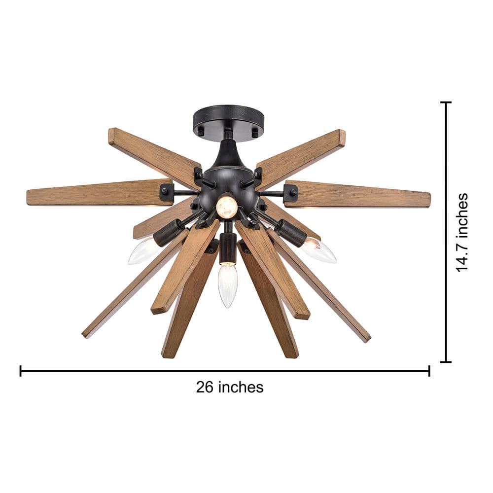 Bernice 26'' Antique Black and Natural Wood Sputnik Flush Mount