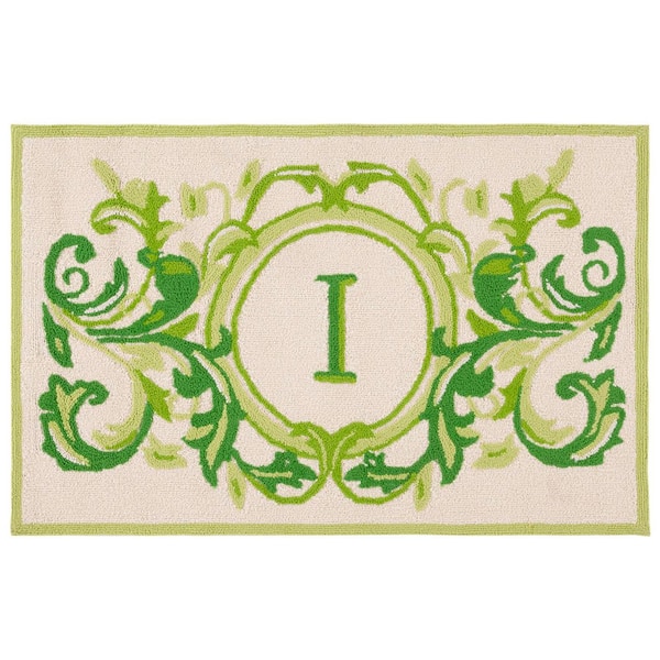 Monogram Beige/Green 3 ft. x 4 ft. "I" Swirl Leaves Indoor/Outdoor Area Rug