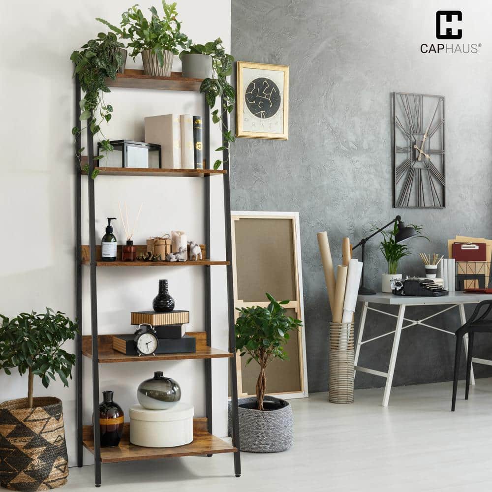 Rustic Oak and Matte Black 5-Tier Ladder Bookshelf