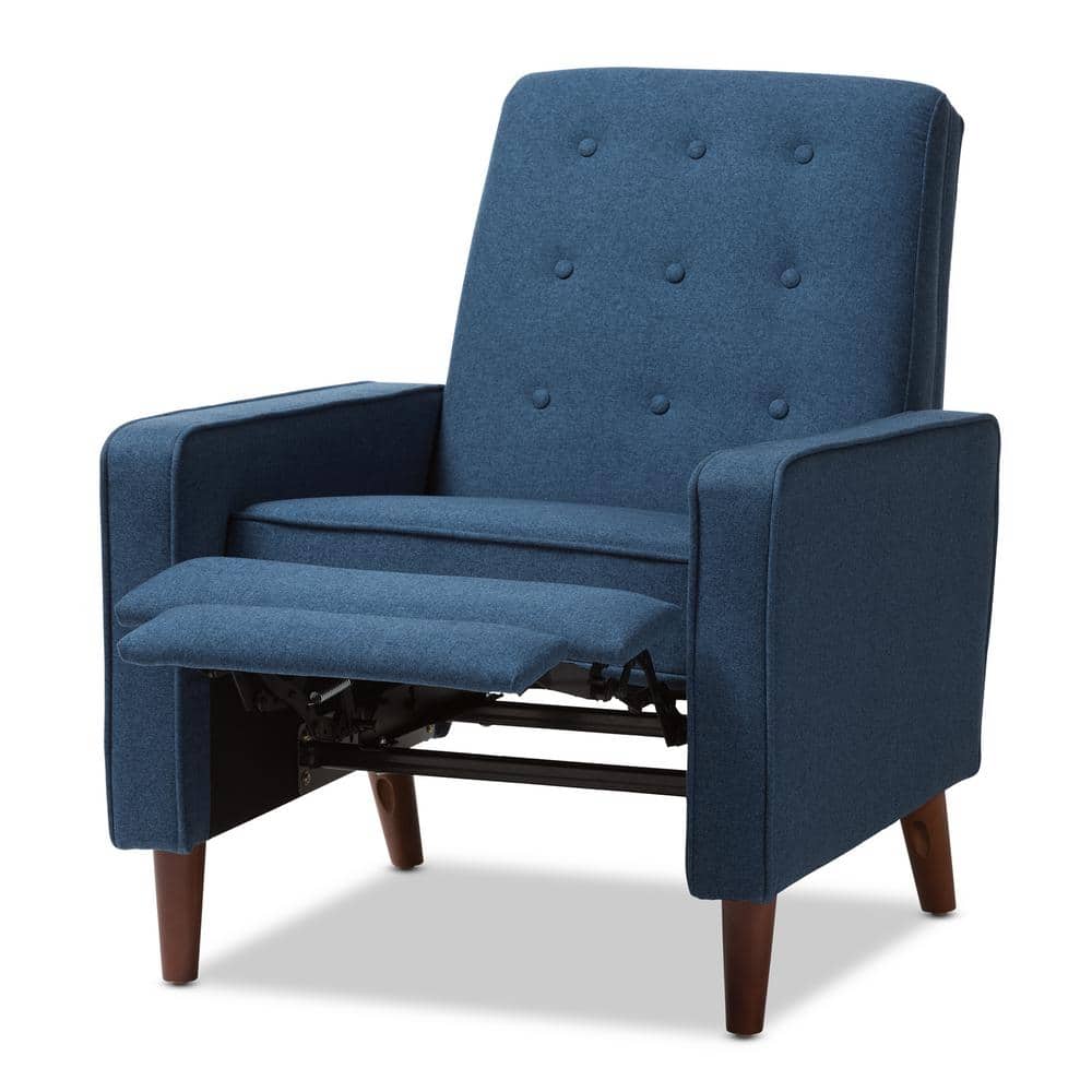 Mid-Century Modern Blue Fabric and Walnut Wood Recliner