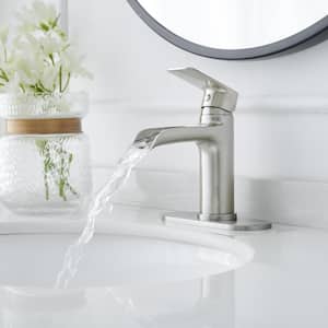 Waterfall Single Handle Single Hole Low-Arc Modern Bathroom Faucet Drip-Free Vanity Sink Faucet in Brushed Nickel