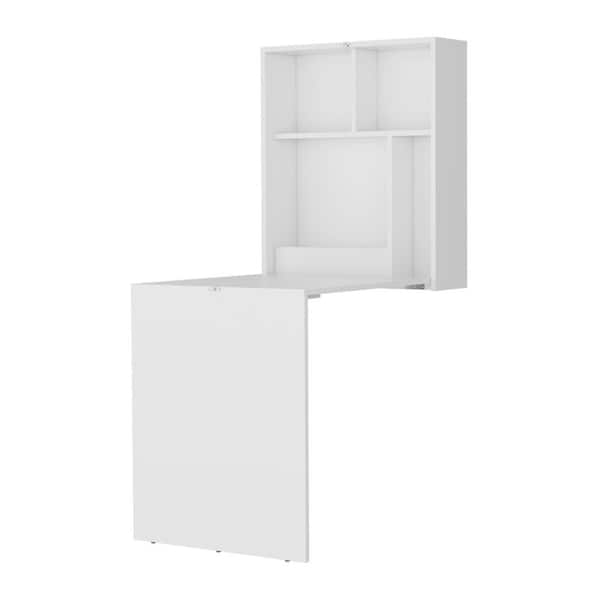 23.7 in. White Wall Mounted Drop Leaf Desk with Storage Shelves, Fold Down Floating Table for Apartment Small Spaces