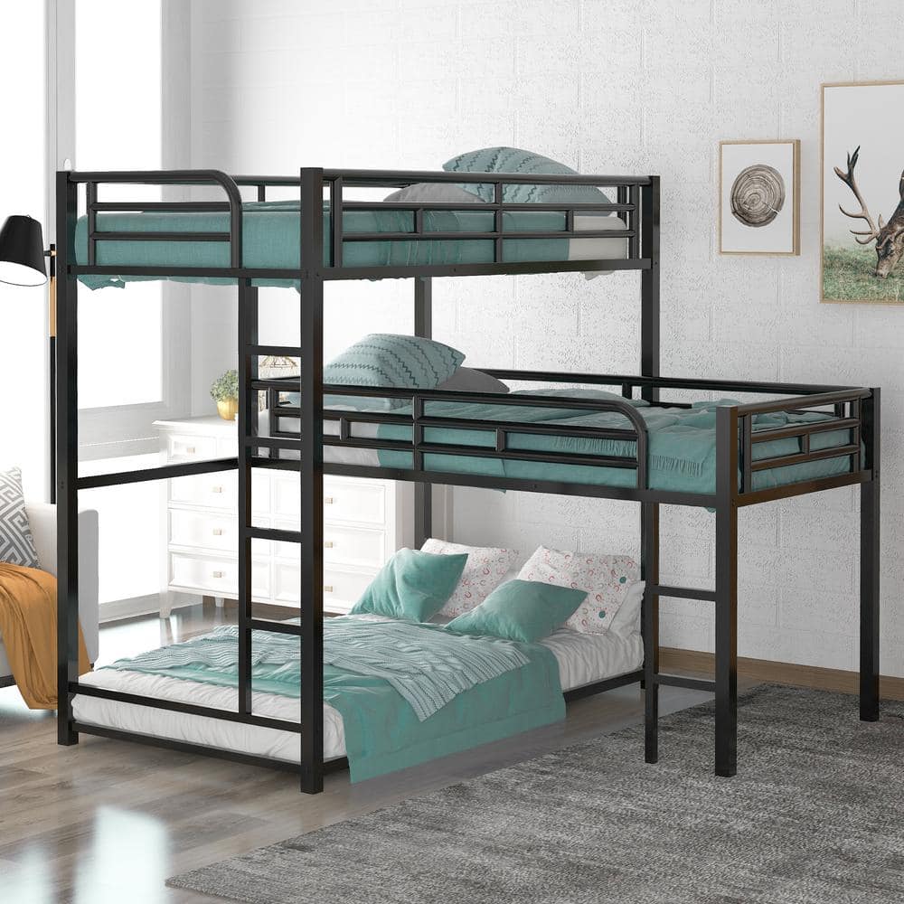 Black Twin L Shaped Metal Triple Bunk Bed