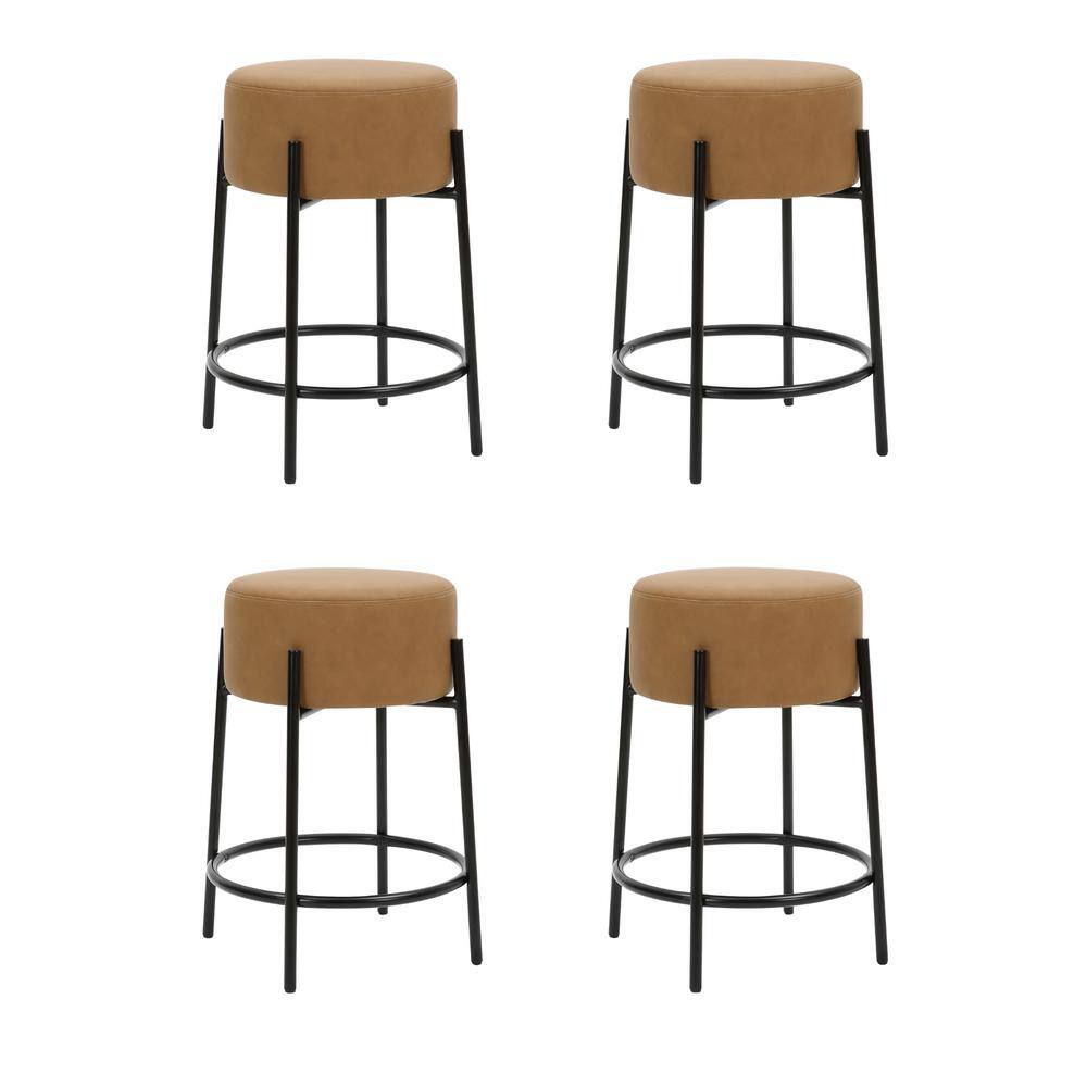 Isaac 24" Light Brown Faux Leather Backless Bar Stools with Black Metal Frame, Set of 4
