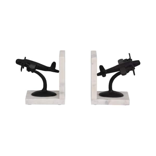 Black 6 in. Metal Novelty Airplane Bookends On Marble (Set of 2)