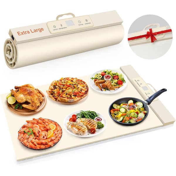 Warming Tray Portable Silicone Full Surface Heat Electric Warming Mat in Beige with Handle, 5-Temp-Settings