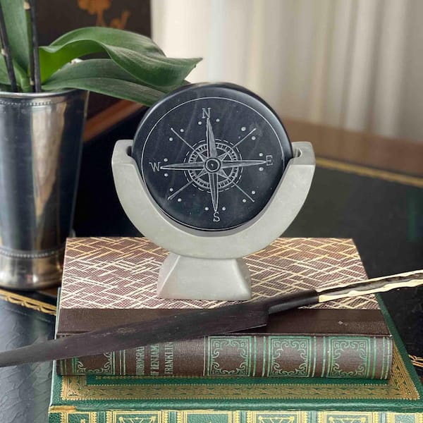 Dark Gray Stone Compass Soapstone Sculpture
