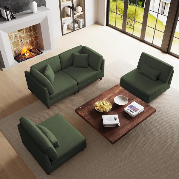 160.5 in. Straight Arm 4-Piece Corduroy Upholstered 4-Seater Sectional Sofa in. Green