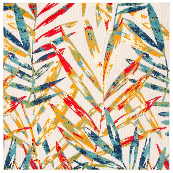 SAFAVIEH Cabana Ivory/Navy 7 ft. x 7 ft. Palm Leaf Indoor/Outdoor Patio  Square Area Rug