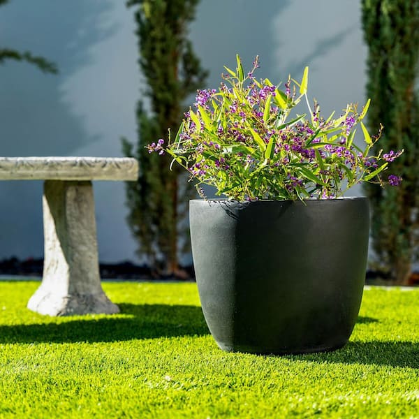 KANTE 14" Round Black Concrete Indoor/Outdoor Planter, Modern Lightweight Plant Pot