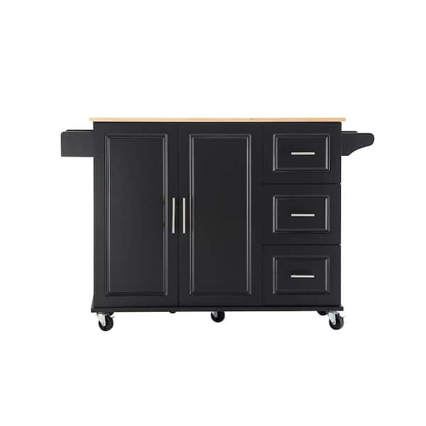 Unbranded Black Wood 53.93 in. Kitchen Island with Extensible Rubber Wood Table Top, 3-Drawers, Spice Rack, Towel Rack