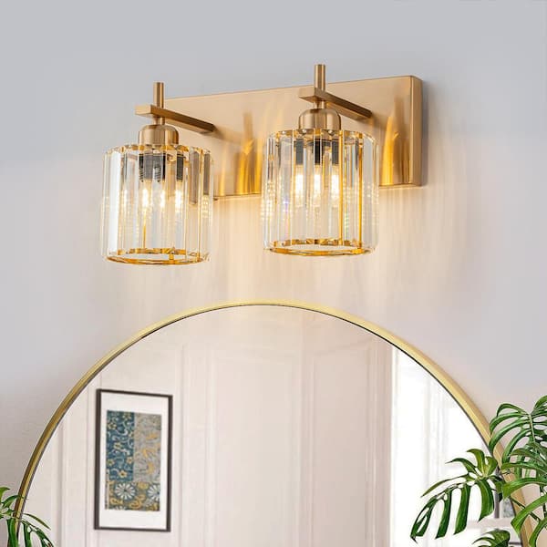 EDISLIVE Orillia 12.6 in. 2-Light Gold Bathroom Vanity Light with Crystal Shade Wall Sconce Over Mirror