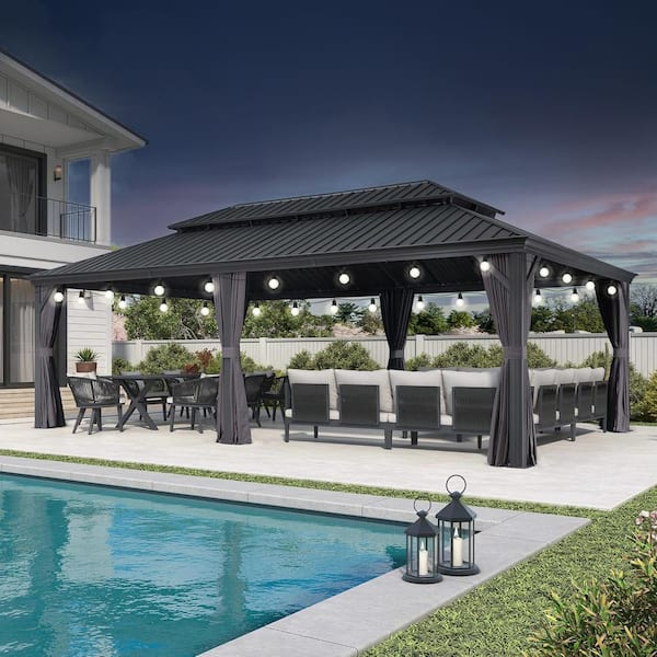 PURPLE LEAF 14 ft.x 24 ft.Gray Patio Outdoor Gazebo for Backyard Hardtop Aluminum Frame with Hooks ,Netting , Curtain 24 Lights