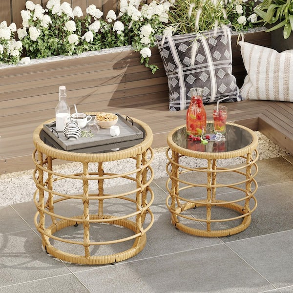 17.7 in. and 13.8 in. Yellow Rattan Round End Table Set with Glass Tops and Solar Ambient Lights (Set of 2)