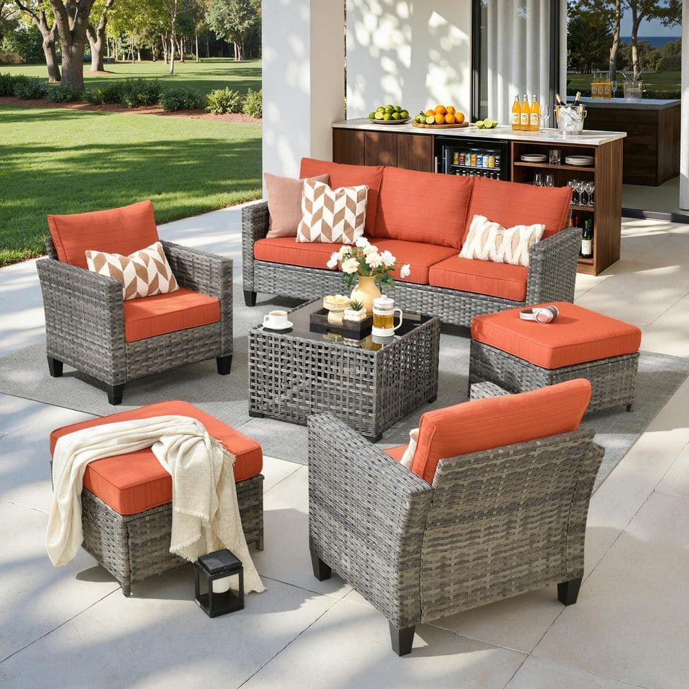 Mirada 6-Piece All-Weather Wicker Outdoor Patio Conversation Sofa Set with a Solar-Lighted Table and Brick Red Cushions price history on PriceWatchPro