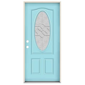 36 in. x 80 in. Right-Hand/Inswing 3/4 Oval Brevard Decorative Glass Caribbean Blue Steel Prehung Front Door